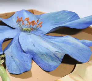 Arja van den Berg - Wandinstallatie in olieverf op zink, Vrouw met blauwe papaver kopen? Bied vanaf 1!