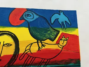 Corneille - Vrouwenhoofd met kat en vogels op kleurrijke achtergrond kopen? Bied vanaf 100!