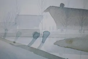 Gerrit Neven - Boerderijen in een mistige polder - ingelijste aquarel kopen? Bied vanaf 175!