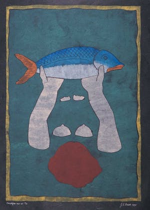 Geertje Briels - Houtdruk op geschept papier, Overdrijven met vis kopen? Bied vanaf 1!