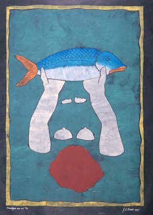 Geertje Briels - Houtdruk op geschept papier, Overdrijven met vis verkocht voor € 1!