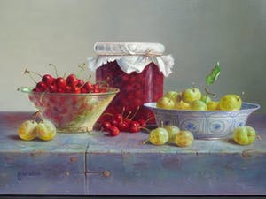 Hans Habraken - Kersen in een pot en in en glazen schaal en pruimen in een schaal. kopen? Bied vanaf 750!