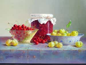 Hans Habraken - Kersen in een pot en in en glazen schaal en pruimen in een schaal. verkocht voor € 750!