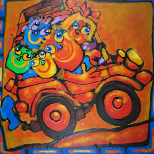 Ad Verstijnen - Acryl, Our first car - Ingelijst kopen? Bied vanaf 200!