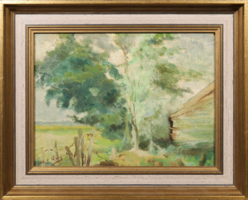 Jaap de Ruig - Jaap de Ruig: Olieverf op paneel, Schuurtje aan de oude molensteeg - Ingelijst verkocht voor € 50!