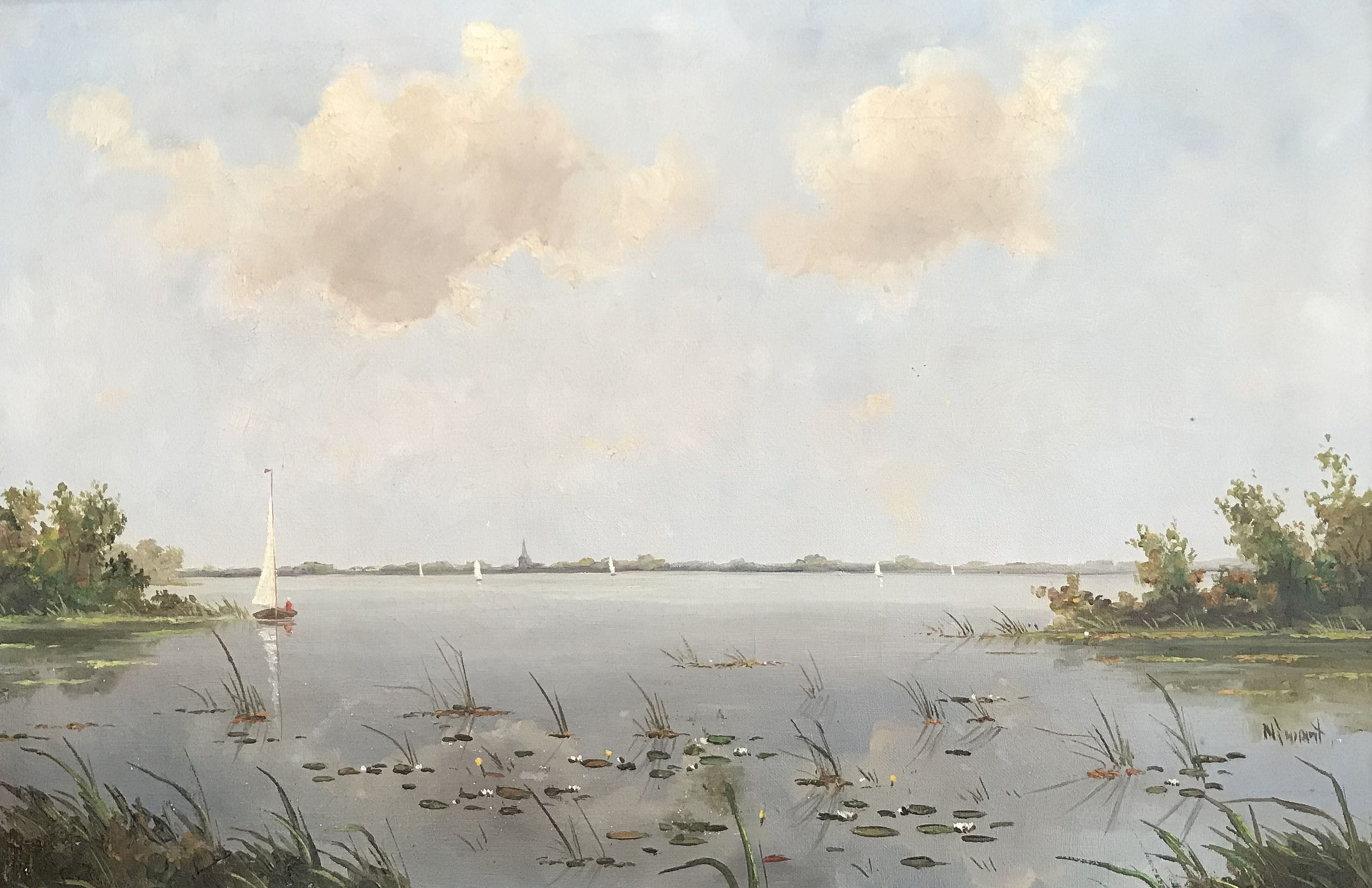 Niet of onleesbaar gesigneerd - plasgezicht met zeilbootjes en waterlelies kopen? Bied vanaf 1!