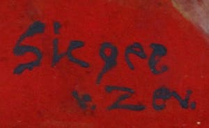 Fred Sieger - Gouache: Interieur met vrouw in rode jurk en man in bruin kostuum kopen? Bied vanaf 250!