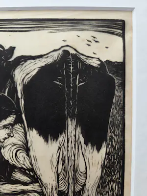 Jan Mankes - Melkster. Ingelijst. Houtsnede. kopen? Bied vanaf 179!