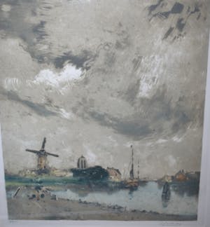 Henry Cassiers - ets/aquatint = waterlandschap met molen = kopen? Bied vanaf 55!