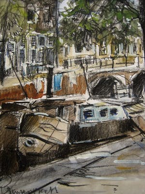 Louis van der Pol - Impressionistisch Aquarel "Amsterdam de Prinsengracht" ca. 1950 kopen? Bied vanaf 10!