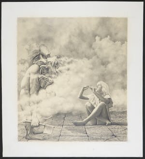 Peter Breedijk - Zeer gedetailleerde potloodtekening, Fantasiefiguren en meisje met fluit kopen? Bied vanaf 100!