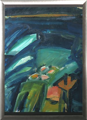 Andre Martens - Acryl op papier, Abstracte compositie met groen en blauw - Ingelijst kopen? Bied vanaf 1!