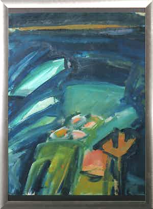 Andre Martens - Acryl op papier, Abstracte compositie met groen en blauw - Ingelijst verkocht voor € 1!