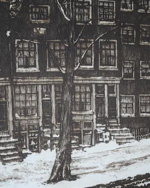 Cornelis Brandenburg - ets uit 1913 - winter in Amsterdam - Spiegelgracht, hoek Prinsengracht - kopen? Bied vanaf 80!