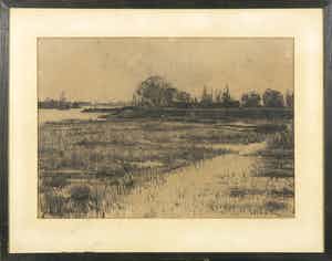 Arend Jan van Driesten - Houtskooltekening, Bij de Kaag - Ingelijst verkocht voor € 35!