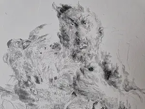 Jan Mensinga - unieke jaren 80 proefdruk monochrome lithografie "man met haan" kopen? Bied vanaf 35!