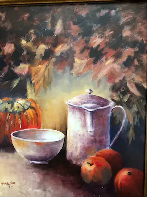 Mary Koekenbier - gevarieerd stilleven met oa. pompoen, appels en kom kaufen? Bieten Sie von 1!