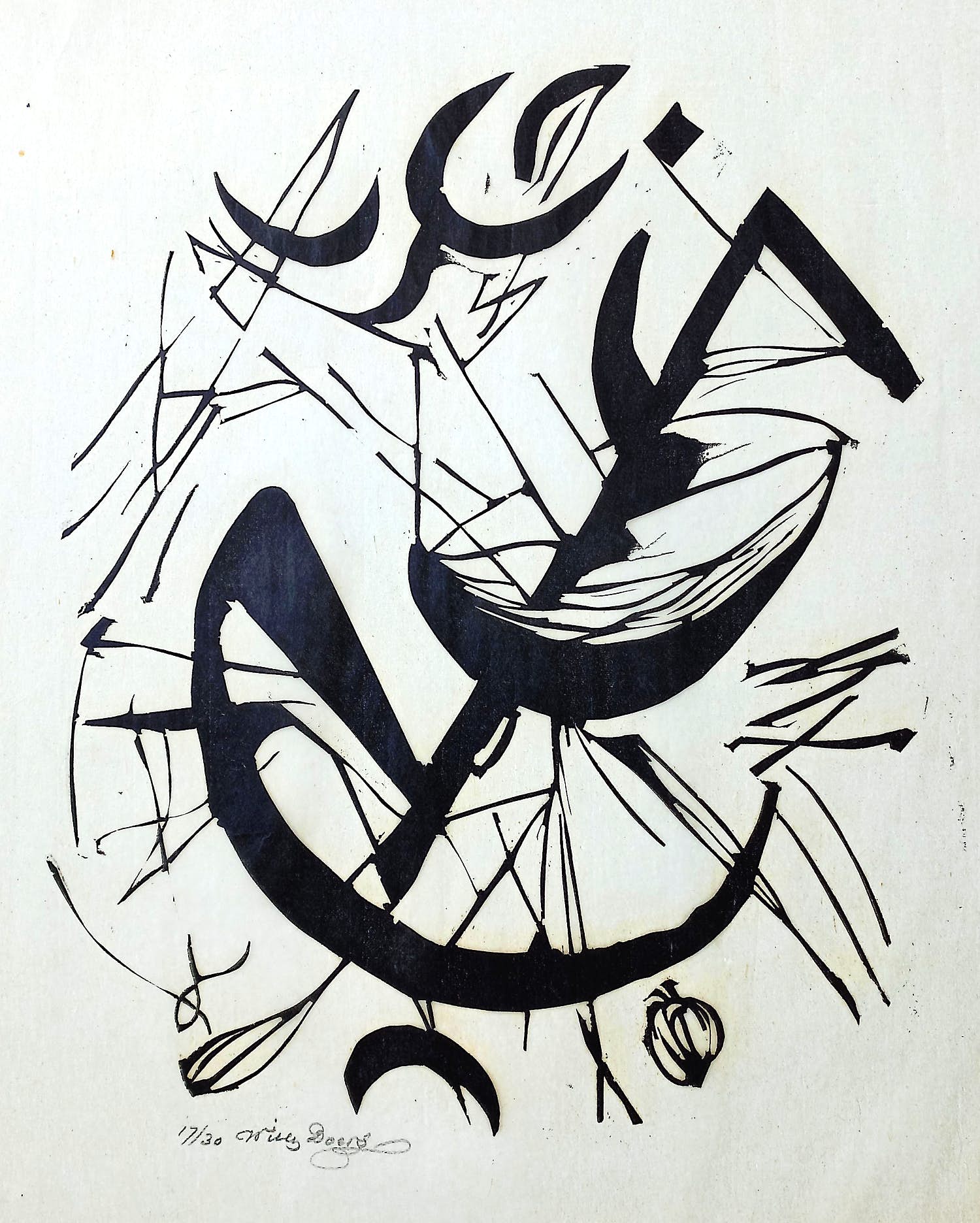 Willy Boers - Abstracte compositie, linosnede op zeer dun rijstpapier verkocht voor € 125!