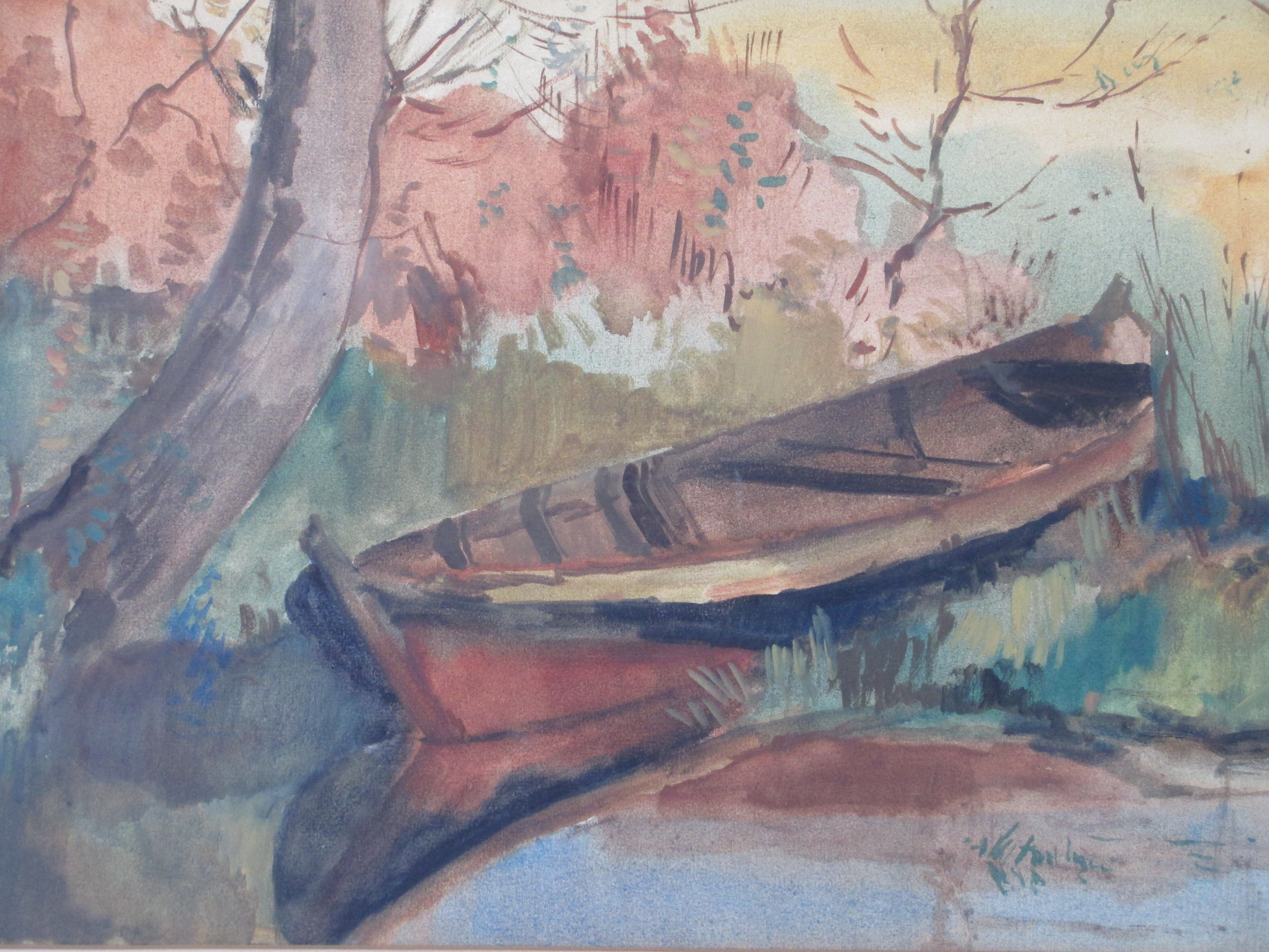 Piet Zwiers - Roeiboot aan slootkant - Gemengde techniek verkocht voor € 75!