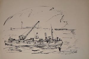 Wim Motz - 2 tekeningen van Rotterdamse havengezichten kopen? Bied vanaf 50!