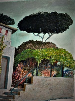 Erna van Mondfrans - Magnifiek pointillistisch Pastel "Landschap Mirepoix Frankrijk" gesigneerd - kopen? Bied vanaf 10!