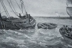 Adolf Carel Nunnink - een beurtschip loopt een haven binnen - Litho naar A. Waldorp - fraaie lijst kopen? Bied vanaf 65!