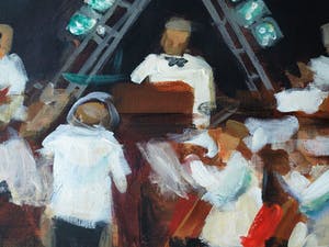 Niet of onleesbaar gesigneerd - Groot , ingelijst acrylverf op doek , Het concert – 1998 - 81 x 111 cm kopen? Bied vanaf 1!