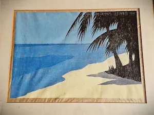 Marianne de Moor - Handgekleurde houtdruk "tropisch eiland" - zeer kleine oplage (7) - ingelijst kopen? Bied vanaf 35!