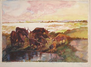 Jan Dirk Pijper - Aquarel, Buffels en sawahs wachtend op de nacht kopen? Bied vanaf 20!