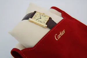 73 - Klassiek Cartier Tank Vermeil zilveren dames polshorloge met lederenband kopen? Bied vanaf 1750!