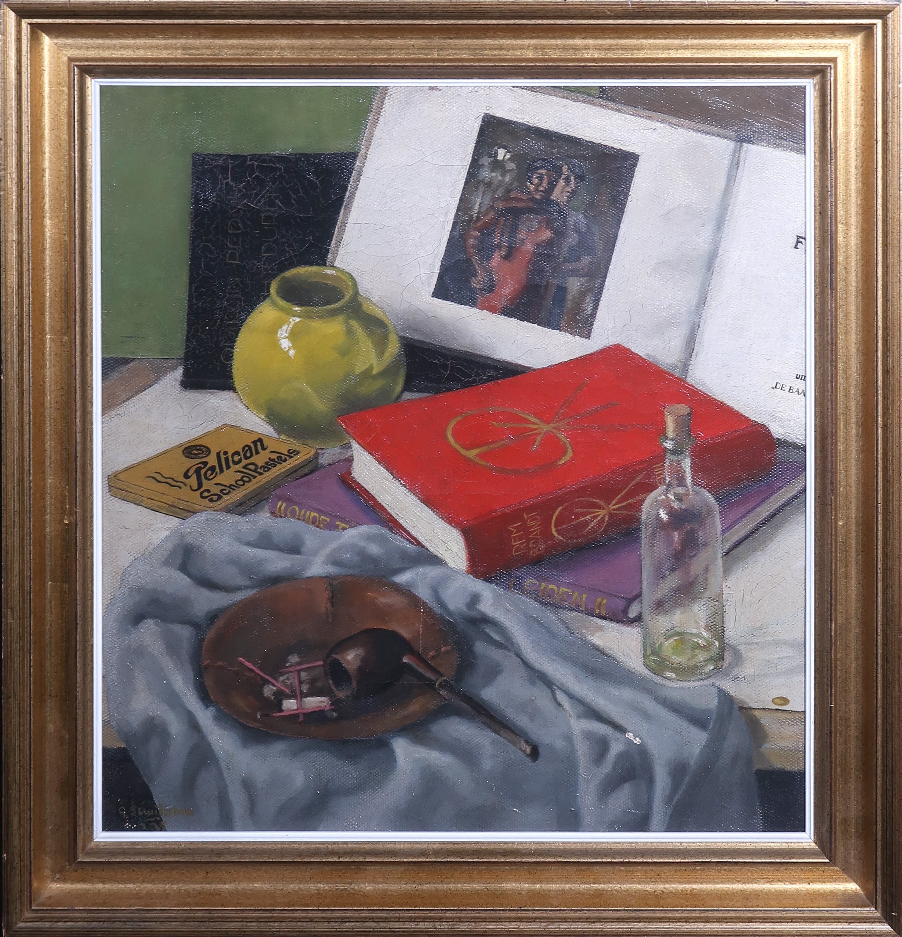 Goffe Struiksma - Acryl op doek, Stilleven met. boeken, krijtjes en pijp - Ingelijst kopen? Bied vanaf 1!