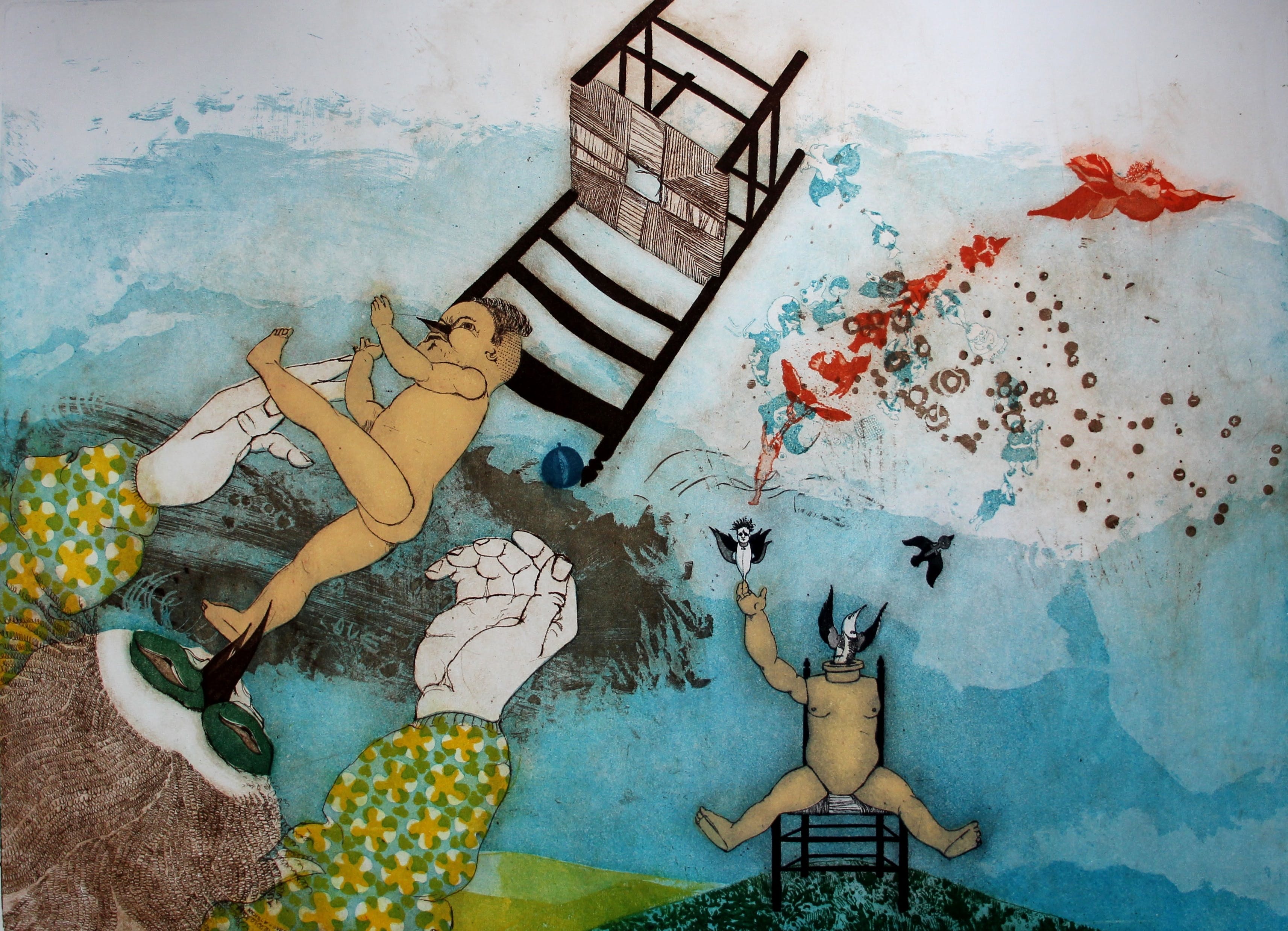 Michel van Overbeeke - ets/aquatint: ontmoeting in de ruimte II - 1975 (groot) verkocht voor € 85!