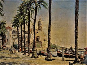 Niet of onleesbaar gesigneerd - omstreeks 1950 geschilderd olieverf "Flaneren boulevard Sitges bij Barcelona" kopen? Bied vanaf 10!
