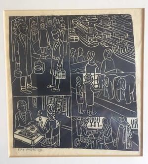 Elly Kuipers - - houtsnede - vijf jaren '70 tafereeltjes kopen? Bied vanaf 20!