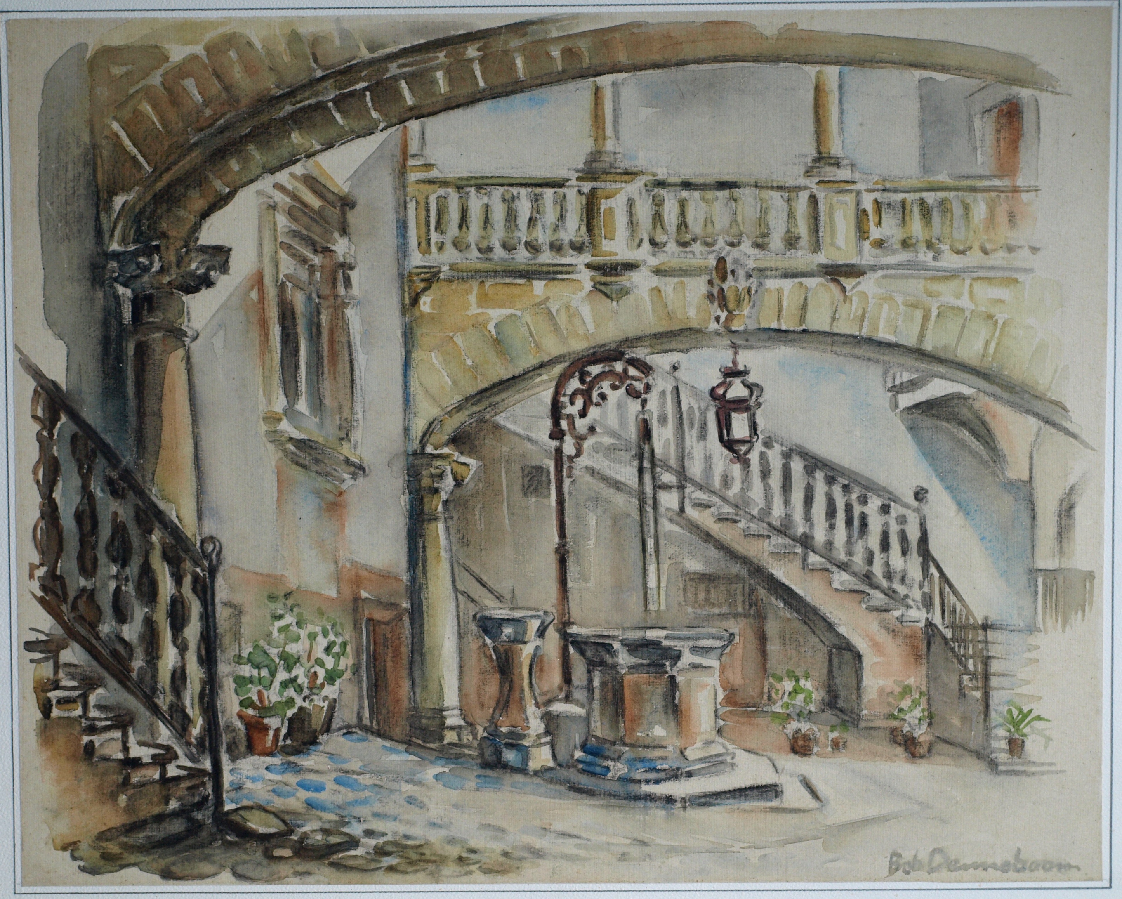 Bob Denneboom - Aquarel , Patio, Espana, Palma - ingelijst – 1958 verkocht voor € 50!
