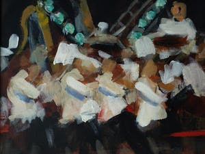 Niet of onleesbaar gesigneerd - Groot , ingelijst acrylverf op doek , Het concert – 1998 - 81 x 111 cm kopen? Bied vanaf 1!