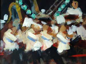 Niet of onleesbaar gesigneerd - Groot , ingelijst acrylverf op doek , Het concert – 1998 - 81 x 111 cm verkocht voor € 1!