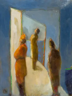 AcheterHan Mes - Drie figuren in strijklicht, olieverf op karton (mooi ingelijst, groot)? Enchérissez de 325!