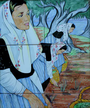 Rie Cramer - Aardewerk tegeltableau met beschildering van 3 vrouwen op het land - 1963 kaufen? Bieten Sie von 199!