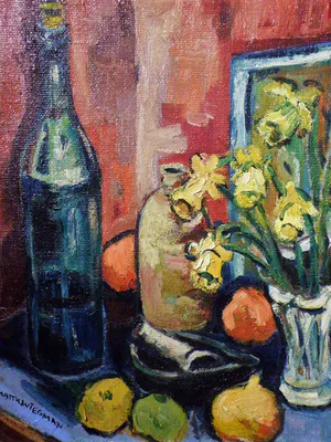 Matthieu Wiegman - Bloemenstilleven met fles en fruit - Bergense School kopen? Bied vanaf 450!