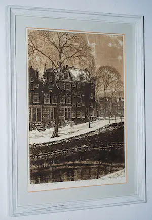 Cornelis Brandenburg - ets uit 1913 - winter in Amsterdam - Spiegelgracht, hoek Prinsengracht - kopen? Bied vanaf 80!
