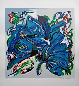 Maartje Wijngaarden - Kleurenzeefdruk FLOWERS BLUE II Handgesigneerd kopen? Bied vanaf 49!