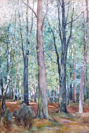 Bernard Ferdinand Hoppe - aquarel op papier - bosgezicht met een houtsprokkelaarster verkocht voor € 165!