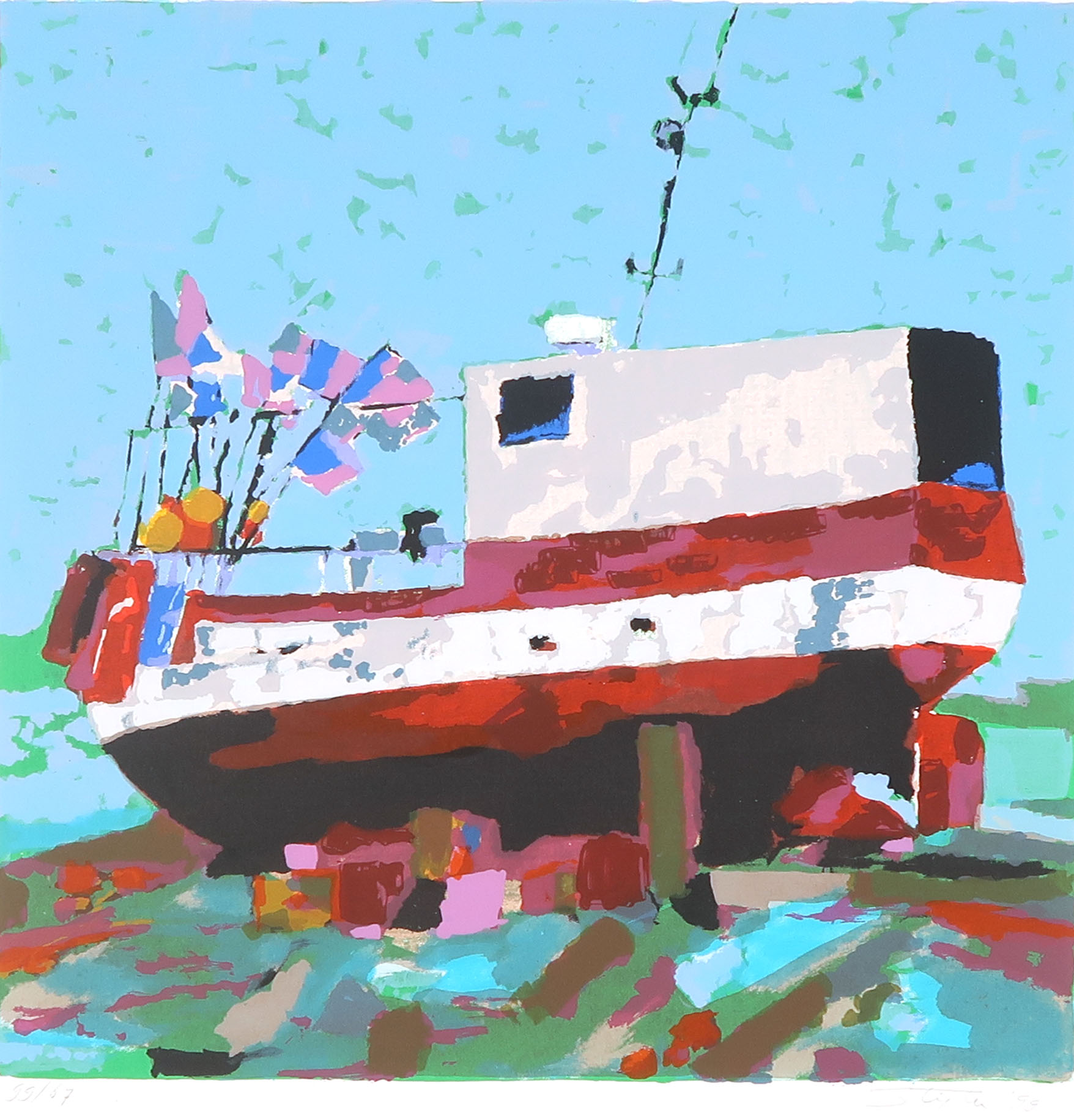 Joop Stigter - Zeefdruk, Vissersboot met vlaggen kopen? Bied vanaf 20!