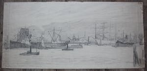 Eugene Rensburg - Grote potloodtekening: Gezicht op tweede Katendrechtse Haven - Rotterdam - 1914 kopen? Bied vanaf 99!