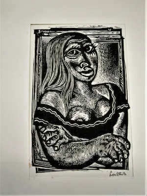 Lou Strik - Grote Hout/Linosnede zelfportret "Mona Lousa" gesigneerd kopen? Bied vanaf 37!