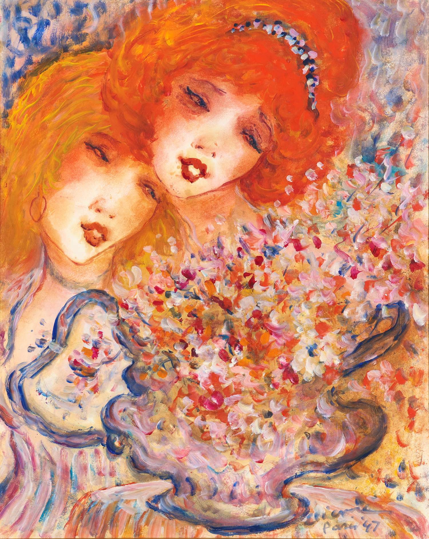 Roger Etienne - Twee meisjes bij een vaas met bloemen kopen? Bied vanaf 40!