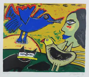 Corneille - Zeefdruk, Vrouw en dieren - Ingelijst kopen? Bied vanaf 200!