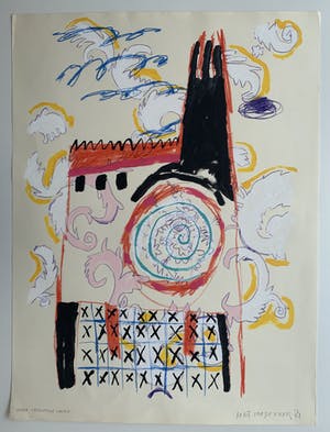 Bert Vredegoor - gemengde techniek op papier - 'King Crimsons castle' - 1984 (UNIEK WERK) kopen? Bied vanaf 1!