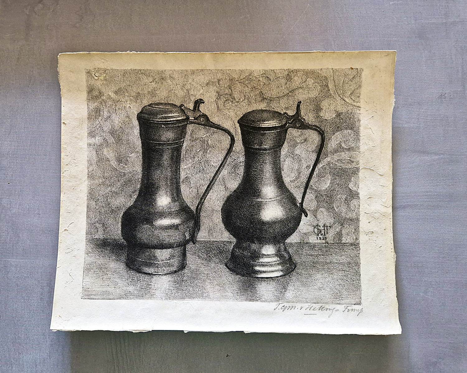 Tjitske G.M. van Hettinga Tromp - Fraai gedetailleerde monochrome Ets "waterkannen" gesigneerd kopen? Bied vanaf 24!